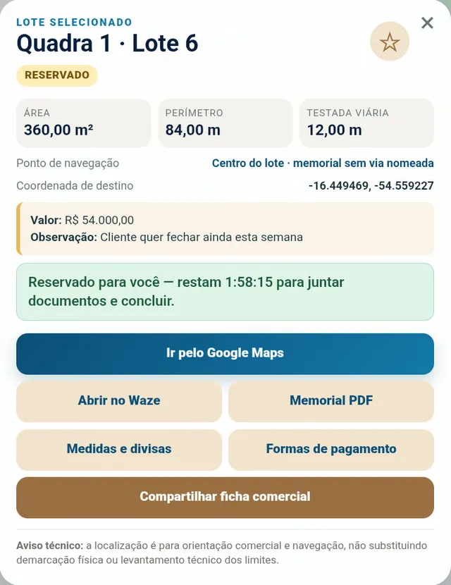 App do corretor: ficha do lote com contador regressivo de 2 horas para concluir a reserva