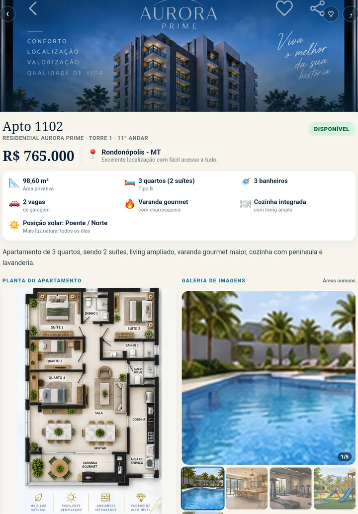App do corretor: ficha do apartamento com valor, área, quartos, vagas, planta e galeria de imagens
