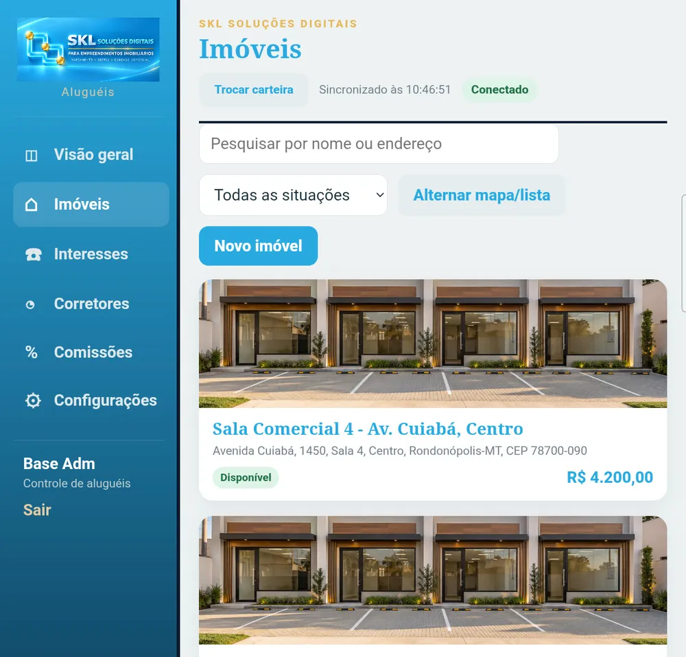 Central de Aluguéis: carteira de imóveis com foto, endereço, situação e valor do aluguel