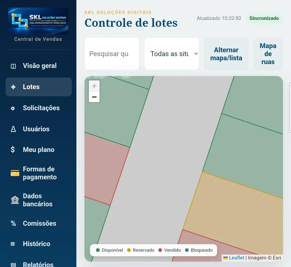 Central de Vendas: controle de lotes com mapa colorido por situação e lista com quadra, lote, área, situação e valor