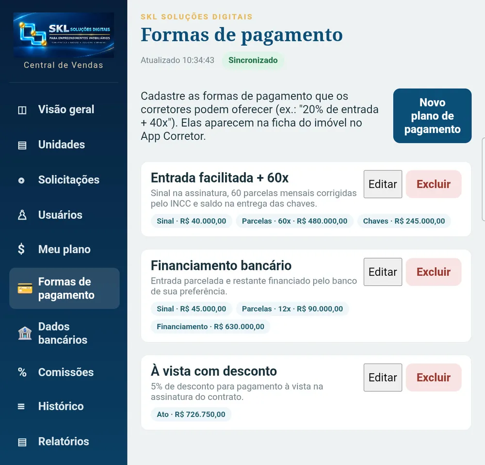 Central de Vendas: tela de formas de pagamento com três planos, cada um mostrando suas etapas e valores